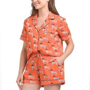Bouffants & Broken Hearts Orange White Black Leopard Print Notch Shorty PJ Set